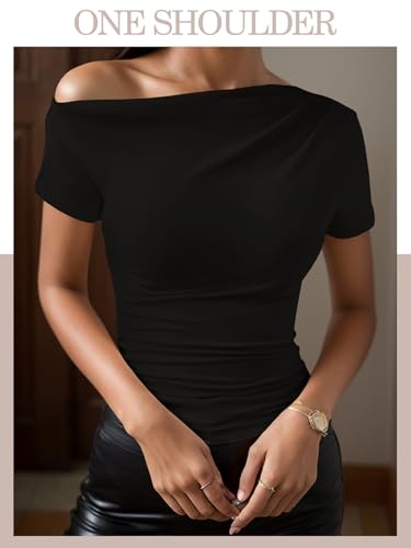 Off The Shoulder Tops for Women Going Out Summer Top Trendy Short Sleeve T Shirts Sexy Asymmetrical Blouses 5
