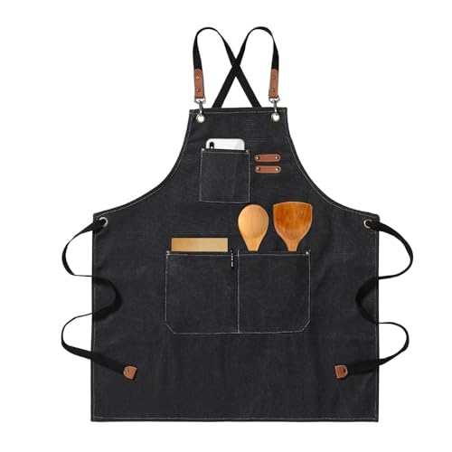HIUOUIH Delantal Cocina Hombre Barbacoa Delantal de Trabajo Mujer con 3 Correa Ajustable y Bolsillos Delantales de Lona para Cocinar Hornear Jardinería Camarero, Negro