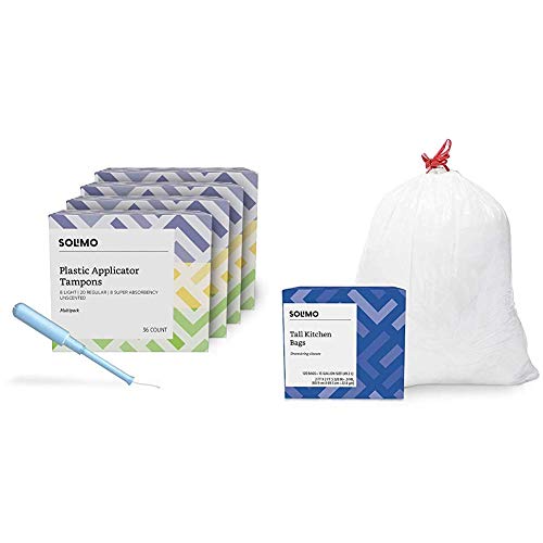 Amazon Brand - Solimo Plastic Applicator Tampons, Light Absorbency Multipack, Light/Regular/Super Absorbency,Unscented, 144 Count (4 Packs of 36) & Solimo Tall Kitchen Drawstring Trash Bags,13 Gallon