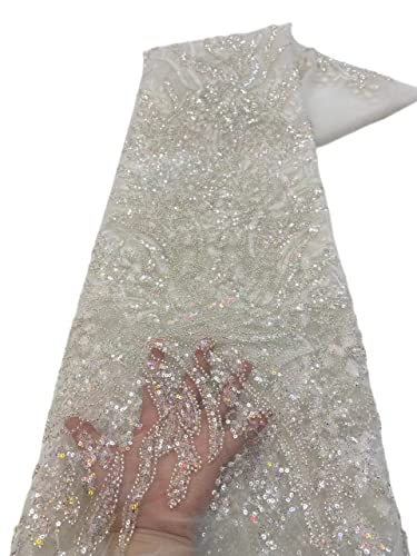 Tngan Botanical Flower Sequin French Lace Fabric Bead Heavy Craft Tulle Net Fabric for Trailing Dress, 5 Yards, Royal Blue