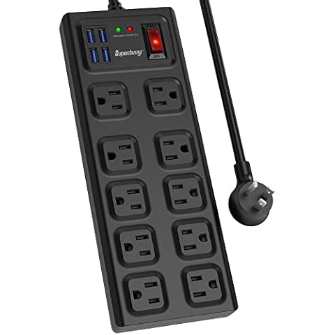 SUPERDANNY 2800J Surge Protector 15A 10 Outlet Power Strip 4 USB Port, 5ft Extension Cord Mountable Outlet Extender Multi-Protection Flat Plug for iPhone iPad Tablet Home Office Dorm Black Cover