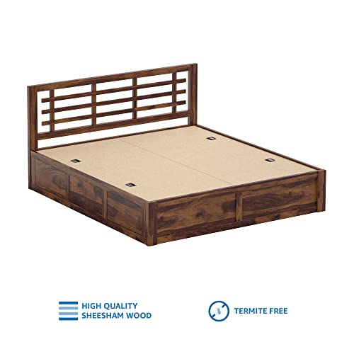 Image of Solid Sheesham Wood Meliora King Size Bed with Box Storage Wooden Double Bed Palang Cot for Bedroom, Living Room, Hotel and Home (Natural Finish)