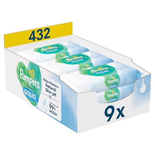Pampers Harmonie Aqua Feuchttücher 9 Packungen mit jeweils 48 Feuchttüchern, 432 Feuchttücher, die helfen, den natürlichen pH-Wert der Haut wiederherzustellen, leichte Lotion mit 99 Prozent Wasser