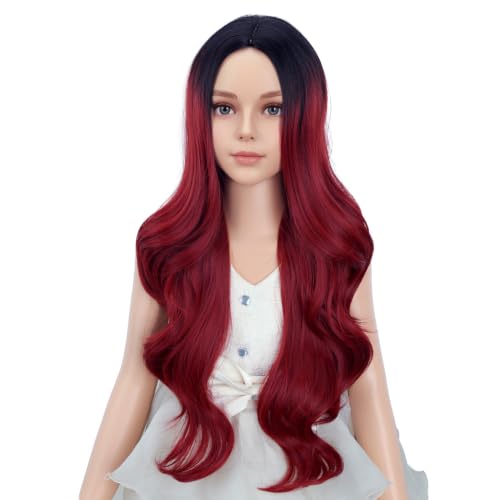 Image of PATTNIUM Long Ombre Red Wig for Kids Child Ombre Black to Red Wig Girls Middle Part Synthetic Wigs