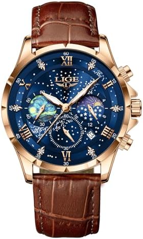 LIGE Waterproof Watches for Men Analog Dress Water Proof Chronograph Work Casual Leather Water-Resistant Lunar Phase Display Quartz Wristwatch with Date & Luminous Men's Wrist Watch, Gold Blue