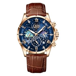 LIGE Männer Uhr Edelstahl Wasserdicht Analog Mondphase Design Quarz Armbanduhren Für Herren Chronograph Lederarmband Watch for Men Mit Datum Leuchtende Business Casual Retro Herren Uhren