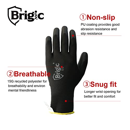 Brigic 12 Pairs Pu Coated Work Gloves, Eco-Friendly Work Gloves For Men And Women, Excellent Grip, Bulk Pack Package Black (Large) #TOP1