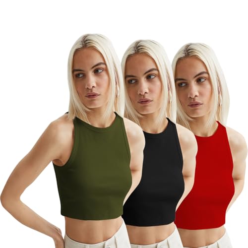 Image of KERI PERRY Tops for Women Crop Top for Women's Tank Activewear Tee Sports Western Casual Cotton Camisole Pack of 3 Combo