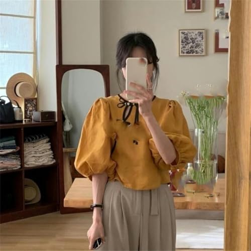 Blouse d'été chinoise style Tang avec manches bouffantes rétro pour femme