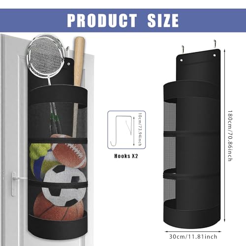 Über der Tür hängender Sportgeräte-Organizer, große hängende Sporttasche mit 2 Metallhaken, an der Wand hängender Ballhalter zur Aufbewahrung von Basketball, Fußball, Volleyball und Tennis (Schwarz)