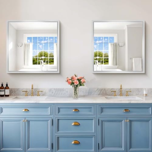 Image of 30x30 Silver Bathroom Mirror, Brushed Silver Rectangular Mirror for Wall, 0.6 inch Thickened Deep Frame Mirrors for Bathroom Sink, Shatterproof Tempered Glass, Antirust, Horizontally or Vertically