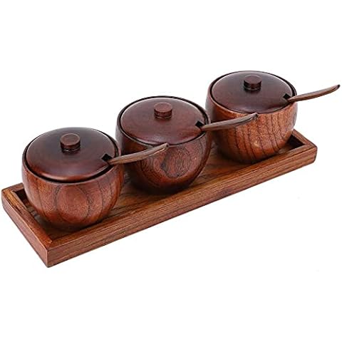 Luvitory Retro Spice Jars Sugar Bowl Spice Containers with Lids, (3Ps) Spoons and Trays Wooden Storage Box for Salt, Sugar, Pepper, Spice Kitchen Tool Cover