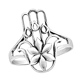AeraVida Gorgeous Hamsa Hand & Lotus Blossom .925 Sterling Silver Ring | Spiritual Sterling Silver Protection and Nature-Inspired Ring for Women