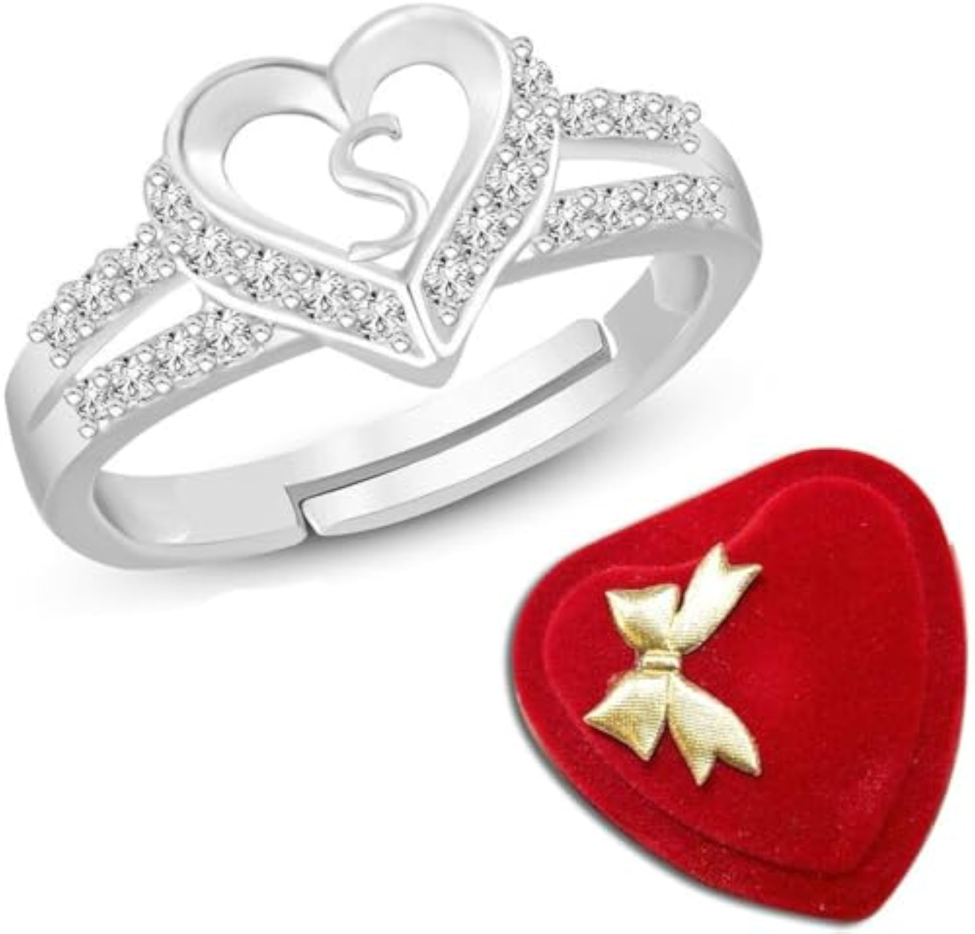 Cubic Zirconia Adjustable Heart Initial Letter Ring with Gift Box