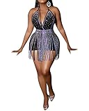 PORRCEY Sexy Women Hot Drilling Process Halter Backless Jumpsuit Tight Party Club Night Tassel Rompers(5871,Black,S)