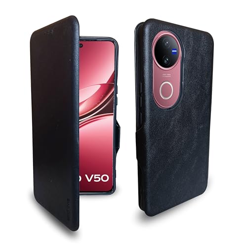Image of Premium Vegan Leather Phone Cover with Card Slot - Slim, Durable, Privacy Protection, Kickstand Function, Elegant Flip Wallet Cases Compatible for Vivo V50 5G (Black)