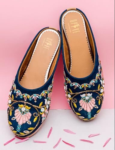 Image of OPIVE's Mehandi Women's Mojari Jutti Ethnic Punjabi Juttis Traditional Flat Embroidered Canvas Fancy Bellies Comfortable Sole for Womens & Girls