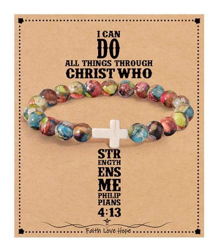 Image of Cross Bracelets for Women, Christian Gifts for Women Stocking Stuffers for Teens Cross Bracelet Imperial Nature Stone Bead Bracelet Confirmation Baptism Gift for Teen Girls Christmas Religious Gift Cathlic Faith Jewelry