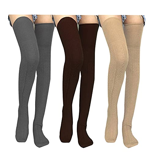 Extpro 3 Pairs Knitted Thigh High Socks Extra Long Cotton Knee High Boot Stockings Leg Warmers for Women (Deep Grey Coffee Khaki)