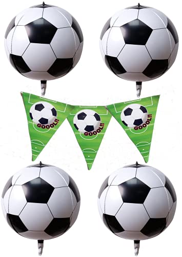 VISION Soccer Large 4D Sphere 22" Helium Foil 4 Pcs Soccer Party Balloons | 100 Inch Pennant Soccer Party Banner | Football Decoration Foil Soccer Ball Balloons for Sports Games Kids Soccer Birthday Theme Party