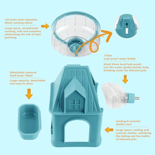 Image of 4 in 1 Silent Large Hamster Wheel Multifunctional Hamster Running Wheel Quite Running Spinner Wheel Accessories with Food Bowl Water Bottle for Hamsters Dwarf Gerbil (Blue)