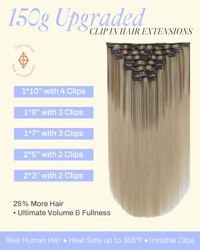 Image of Full Shine Invisible Clip in Hair Extensions Human Hair, 20 Inch 150g 7Pcs | Caramel Latte Rooted Highlight Blonde Clip in Human Hair Extensions, Designed for Volume, Full Head Look, Everyday Wear