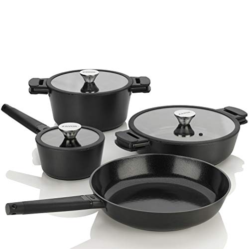 Zavor Noir 7 Piece Cookware Set - Premium Cast Aluminum with Titanium-based Nonstick Ceramic Coating & Detachable Handles - Ultra Lightweight - Induction Ready, Oven Safe & Dishwasher Safe (ZCWNR22)