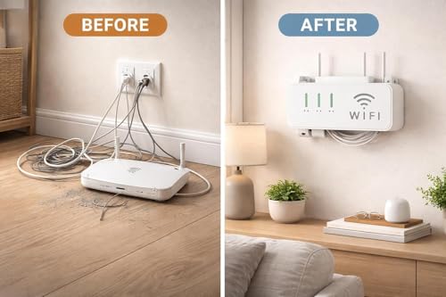 Image of WiFi Router Wall Mount Holder | No Drill Self Adhesive Shelf | Cable Organizer Stand for Router, Set Top Box & Remote | Space Saving Wall Shelf for Home & Office | WHITE ( PACK OF 1 )
