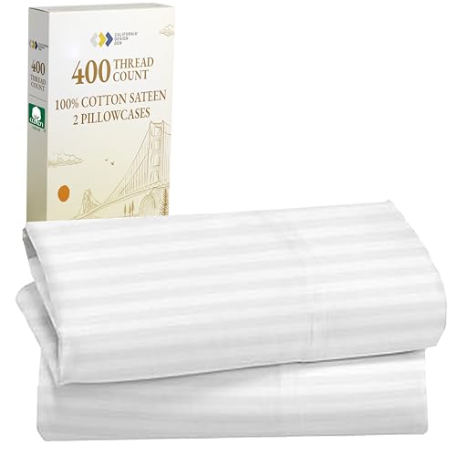California Design Den King Size Pillowcase Set - 400 Thread Count, 100% Cotton Sateen, Set of 2 Pillow Covers, Soft and Breathable - Striped Bright White by California Design Den - Used condition - US$18.43