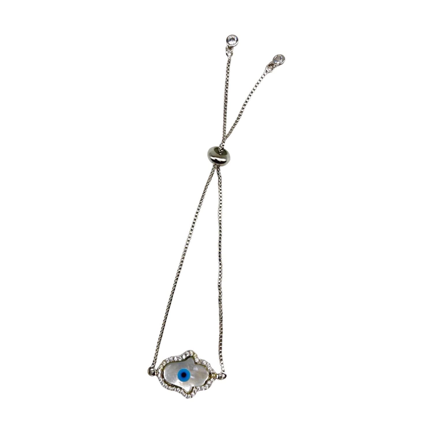 Digital Dress RoomStylish Silver Plated Light Weight Hamsa Blue Evil Eye Charm Link Chain American Diamond Adjustable Size Bracelet for Girls and Women Fashion Artificial Imitation Jewellery (9 Inches)