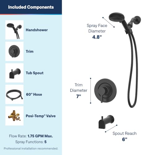 Moen 82775BL Beric Single-Handle Tub and Shower Faucet with Handshower and Metal Hose, Valve Included, IPS Tub Spout, Matte Black - image 3