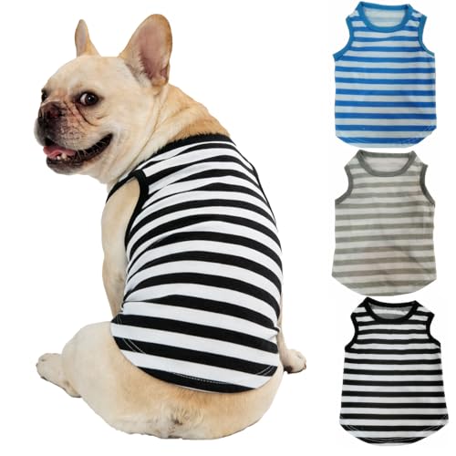 Dog Shirts 3-Pack, Striped Vest Dog Clothes, Sleeveless Tank Top Multipack Set of 3, Cotton Breathable Stretchable Lightweight Dogs Clothing for Small Dogs Summer Pullover