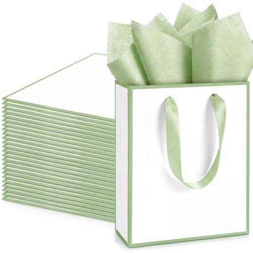 Image of Yeaqee 24 Pack Metallic Paper Gift Bag with Tissue, White, Sage Green