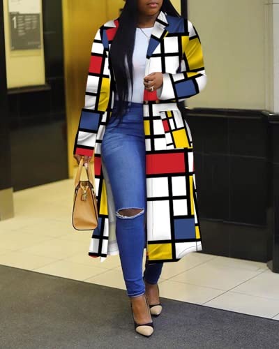 Women\'s Colored Geo Turn Down Collar Trench Coat Colorful Outerwear Cardigan Long Blazer Jacket(YE-3XL)
