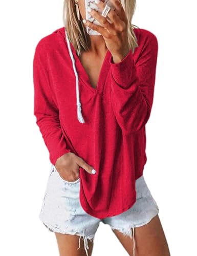 Image of Womens Long Sleeve V Neck Hoodie Sweatshirts Lightweight Pullover Tops