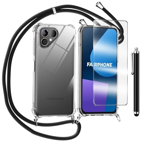 TTSWJBD Handykette für fairphone 5 Hülle mit Displayschutzfolie Schutzfolie, Necklace Handyhülle mit Abnehmbar Kordel zum Umhängen Transparent Silikon Schutzhülle mit Band in Schwarz., 5.63 €