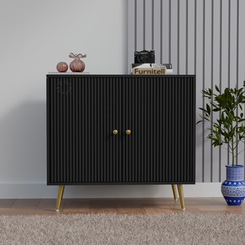 Image of Wooden Storage Cabinet For Living Room & Bedroom | Fluted Design Sideboard Cabinet with 2 Doors Storage Unit | Multipurpose Organizer for Entryway | HDMR Premium Wood|Gold Metal Legs (Black)