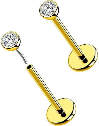 OUFER 2Pcs Nose Ring Stud, 20G G23 Solid Titanium Threadless Nose Earrings Flat Back Small CZ 2.5MM Gold Nose Helix Cartilage Tragus Piercing Jewelry for Women Men-8MM