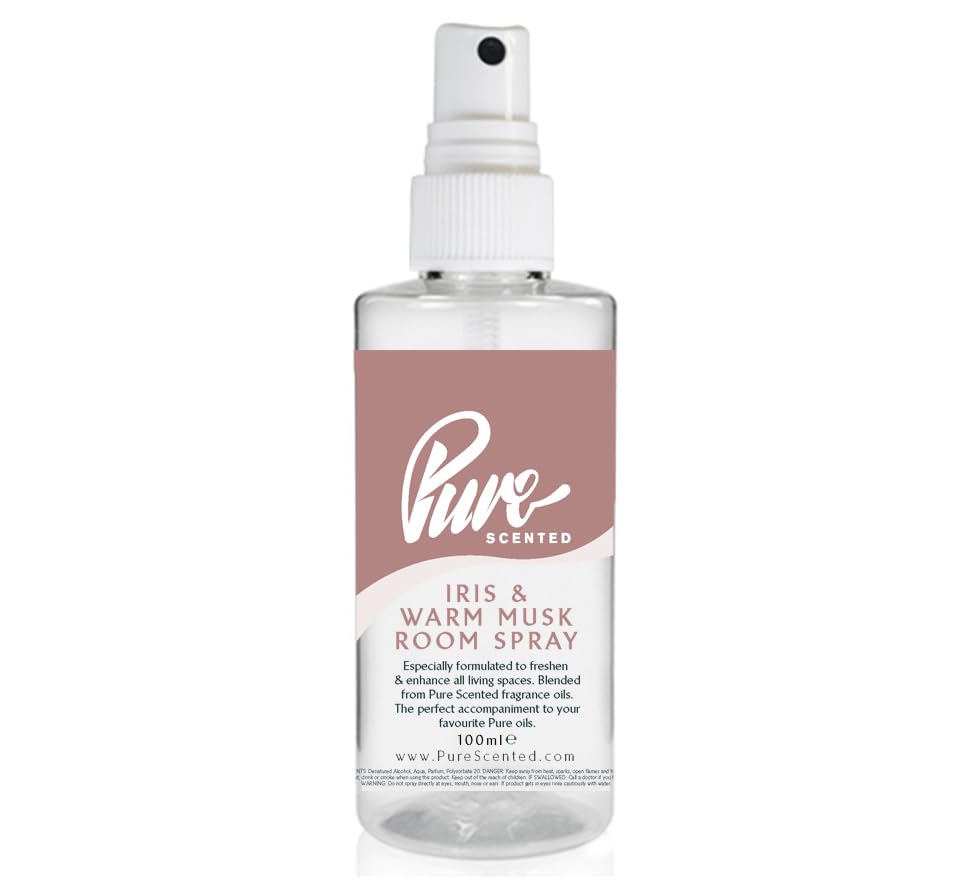 "Pure Scented 100ml Room & Fabric Sprays Suitable For Home, Car, Caravan, Work, Gym Bags, Odour Eliminators (1 x 100ml, Iris & Warm Musk)"