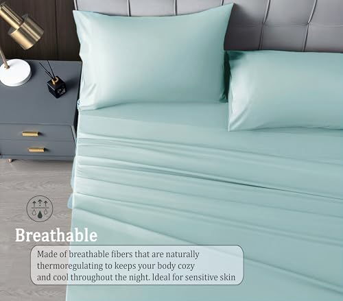 Image of RD TREND Microfiber Satin Weave Fitted Bedsheet for Double Bed King Size (78x72x10 Inch) with 2 Pillow Covers (18x28 Inch),400 TC Elastic All Around | Teal Grey