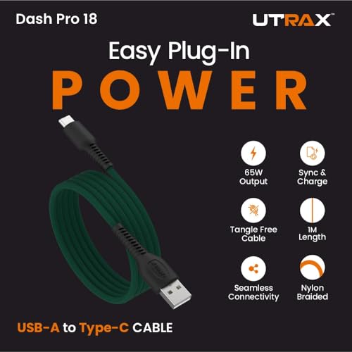 Image of UTRAX 65W Braided USB-A to Type C Fast Charging Cable | Multi-Protocol | Nylon Braided | Compatible with OnePlus, Oppo, Realme, Samsung, Xiaomi & All USB-C Devices (Green)
