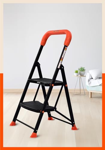 Bathla Ascend Steel 2 Step Heavy Duty Ladder for Home | Wide Anti-Slip Steps | 5 Year Manufacturer Warranty | Safety Hand Grip & Secured Joints (Orange & Black)
