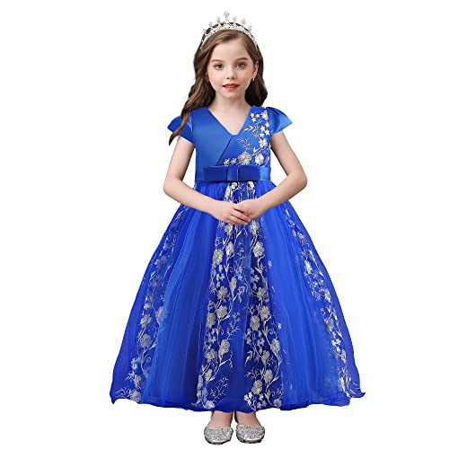 Robe longue brodée fille bleu marine pour mariage et fêtes de princesse