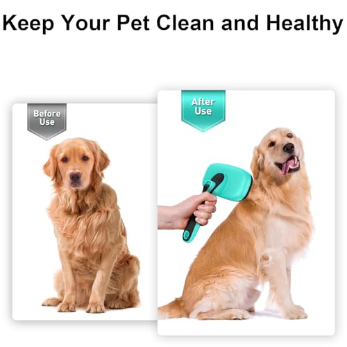 Self Cleaning Slicker Brush for Dog & Cats, Skin Friendly Deshedding Grooming Tool for Shedding Long and Short Haired Pets, Easy Clean Retractable Bristles, Green