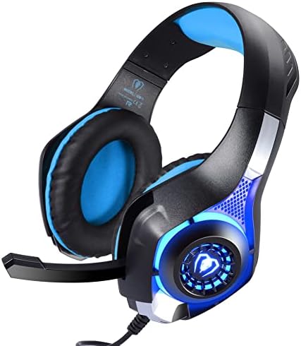 TURN RAISE 3.5mm Stereo Gaming Headset, Noise Cancelling Over Ear Headphones with Mic, LED Light, Bass Surround, Soft Memory Earmuffs for PC, Laptop, Tablet, Smartphones (Blue)