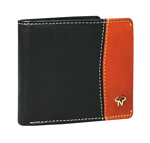 Image of Calfnero Men's Genuine Leather Wallet-Multiple Card Slots ID Window with Coin Pocket- Leather Wallet (Black-Cognac)