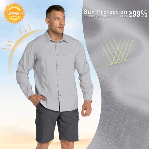 33,000ft Funktionshemd Herren UPF50+ UV-Schutz Langarm Hemd Atmungsaktiv Button-Down-Hemd Outdoor Sportliches Freizeithemd Angelhemd Für Männer Silber Grau XL