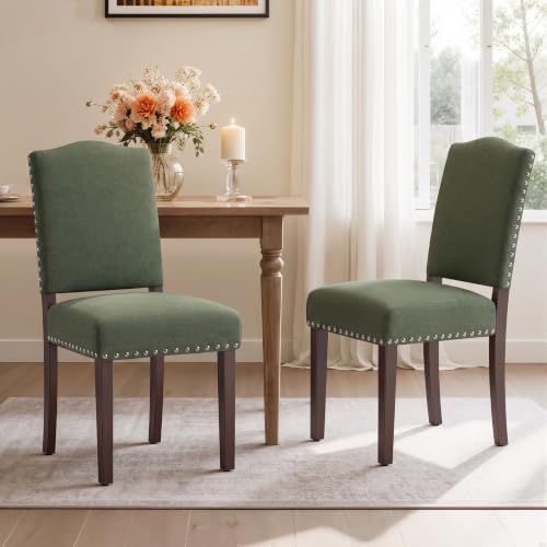 Image of Upholstered Dining Chairs Set of 2 with Thickened Seat Cushion | Wooden Mid-Century Modern Fabric Farmhouse Kitchen Chairs for Dining Room, Living Room, Restaurant, and Reading Room