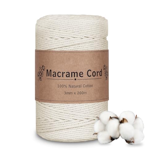 VORHOT Filo Macrame 3mm Beige, 200M Macrame Corda 3mm Naturale, Corda Macrame 3mm Morbido, Macramè Filo per Arazzi, Appendini per Piante, Artigianato Fai da Te, Decorazioni Boho, Confezioni Regalo