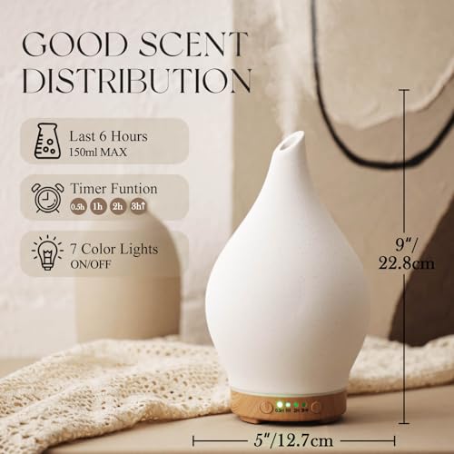 Porseme 150ml Essential Oil Diffuser Ceramic Color Changing Aroma Air Diffusers Aromatherapy Ultrasonic Cool Mist Humidifier 6 Running Hours for Spa Office Sleeping Yoga (White Ceramic) by Porseme - Image 2